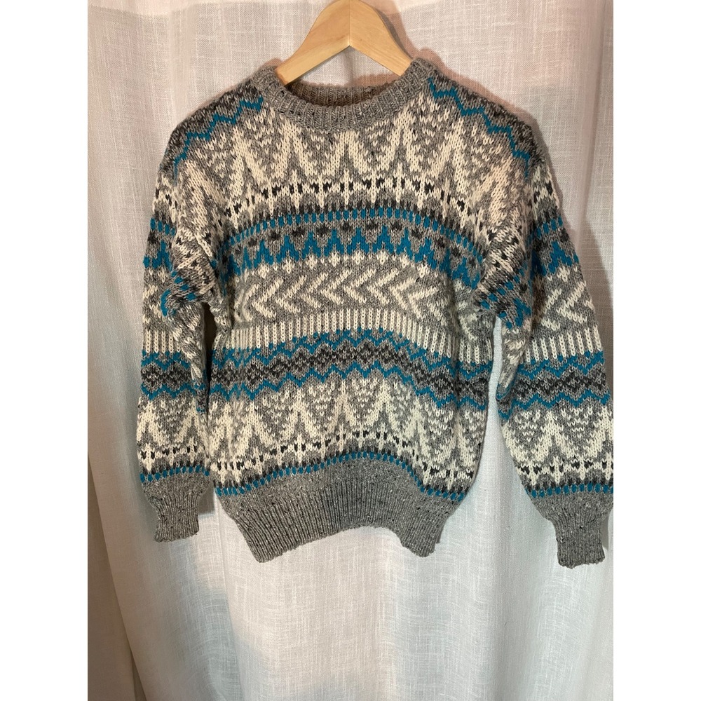 Vintage BI GEAR Pullover Sweater Small Nordic Knit Fair Isle Blue Gray‎ EUC